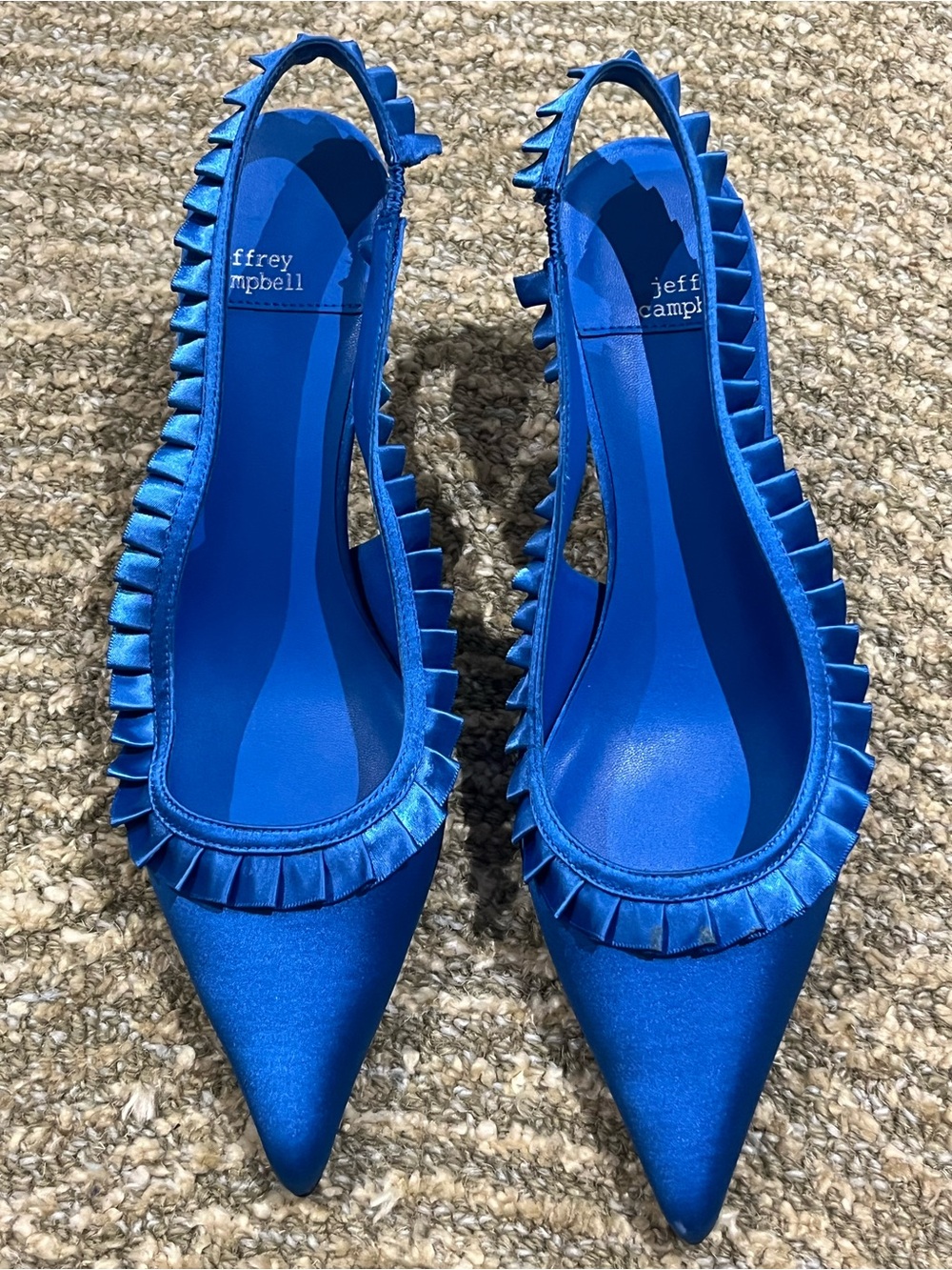 NWT $225 #JeffreyCampbell Blue Satin Pointed Slingback kitten heels sz 8
